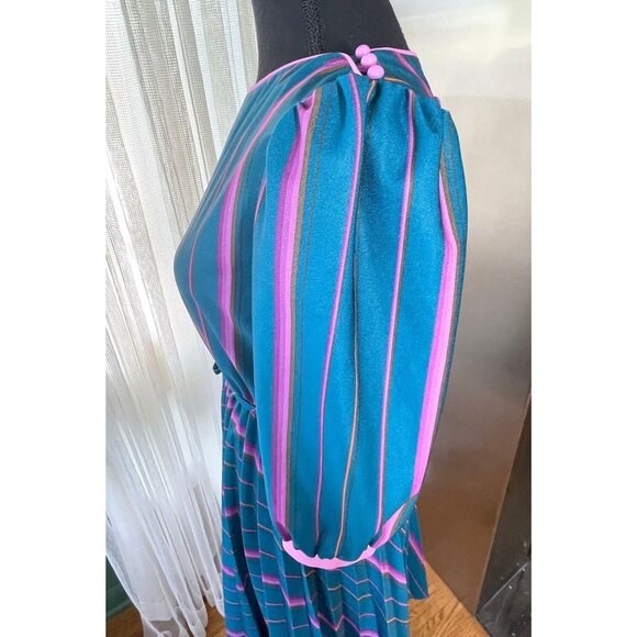 Vintage 80s dress, turquoise and pink stripes, long sleeves, pleated skirt - Picture 4 of 10